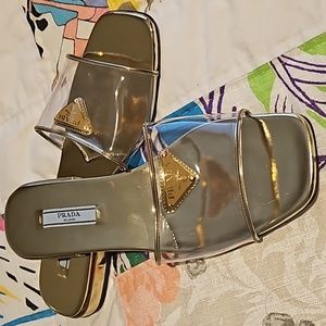 Brand New Prada Ciabatte Clear Slide Sandal Platino Gold